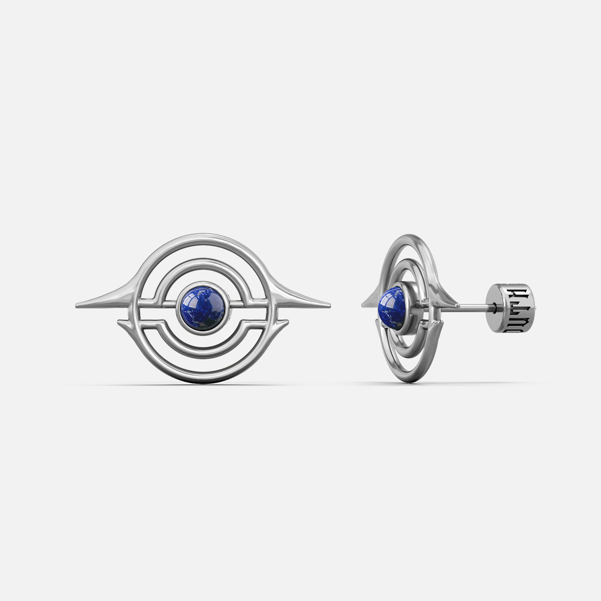 Silver-tone ear studs with concentric ring design and blue stone center, front and side view