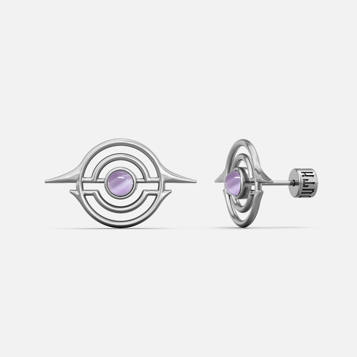 Silver-tone ear studs with concentric ring design and light purple stone center, front and side view
