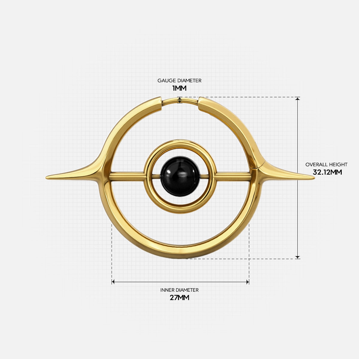 Gold Stellar Grace hoop earring with circular orbit design and dimensions