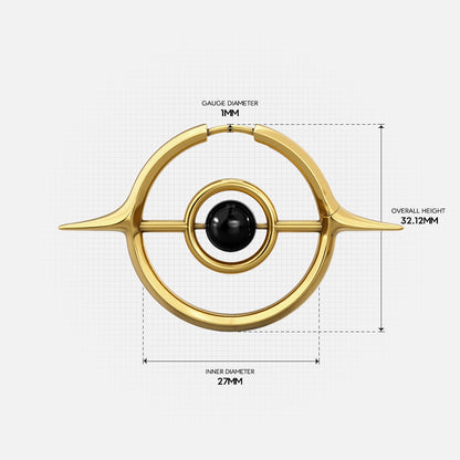 Gold Stellar Grace hoop earring with circular orbit design and dimensions