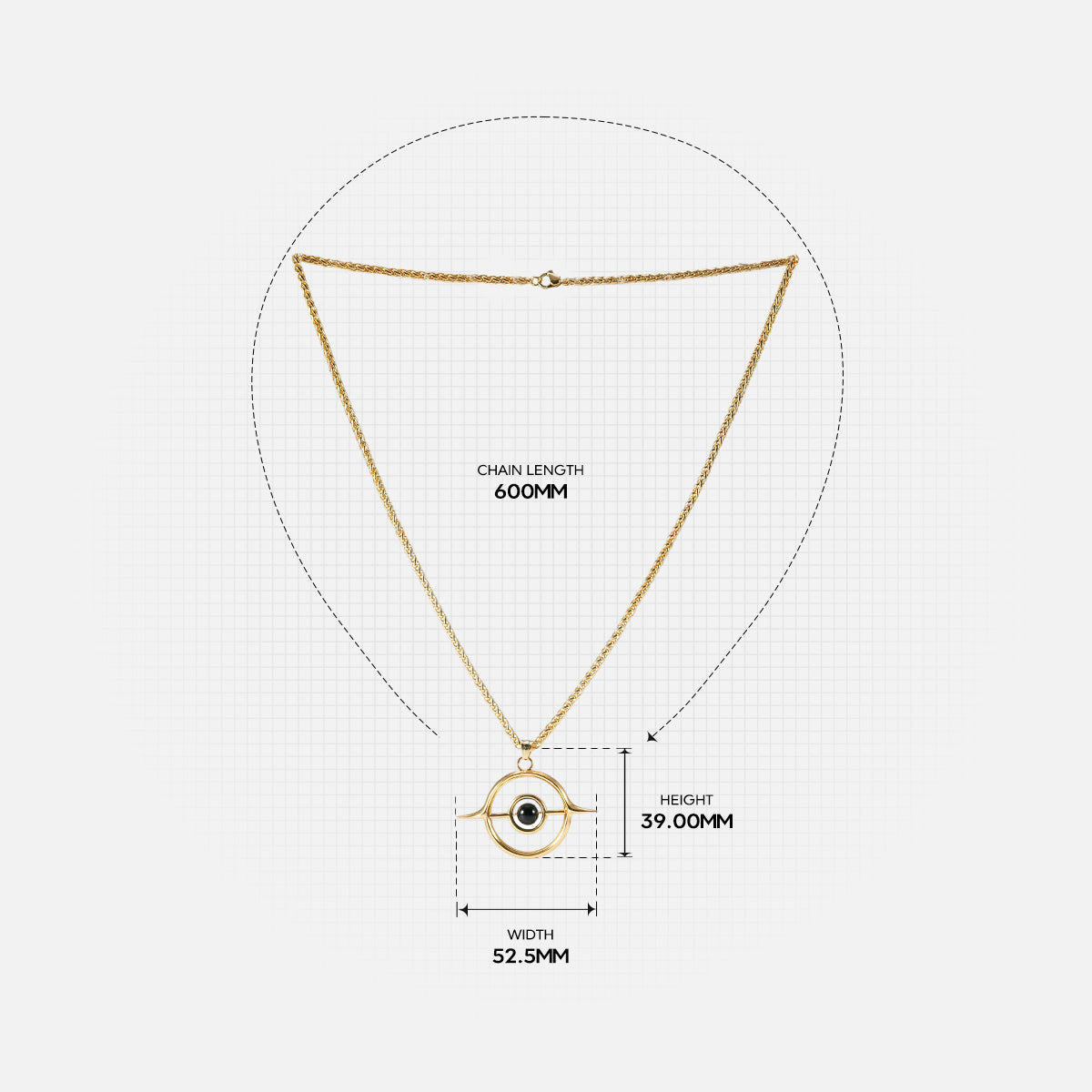 Gold Stellar Grace necklace with chain and circular pendant measurements