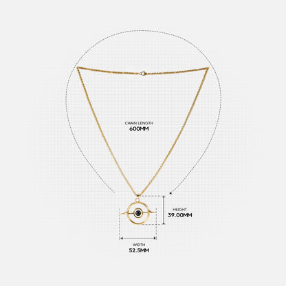 Gold Stellar Grace necklace with chain and circular pendant measurements