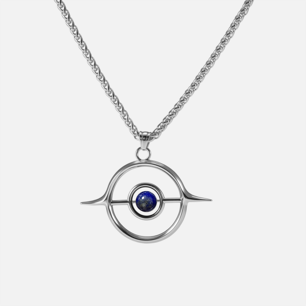 Stellar Grace Necklace with silver-tone chain and open circle pendant centered on a blue stone