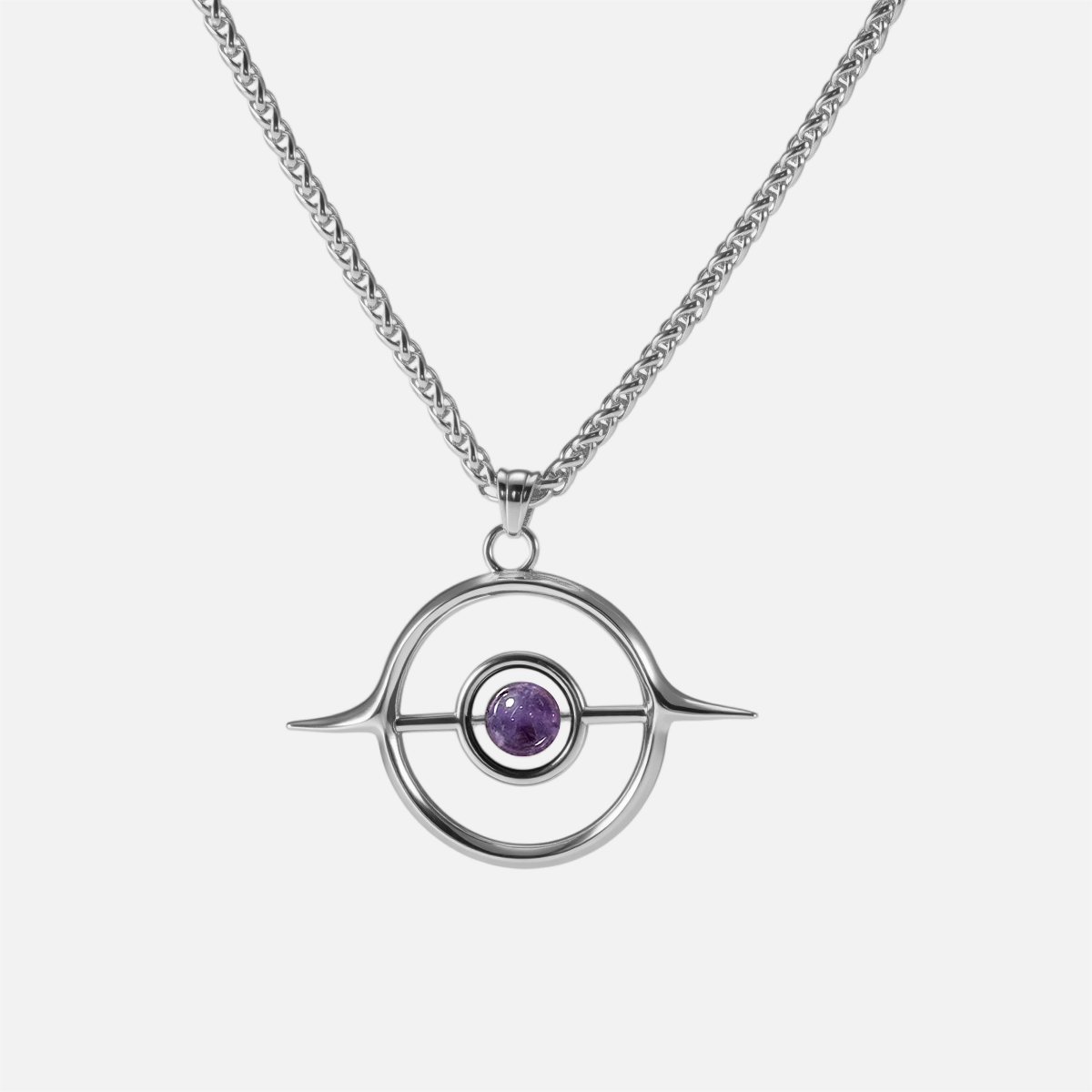 Stellar Grace Necklace in silver-tone metal with a round purple stone set in an open circle pendant