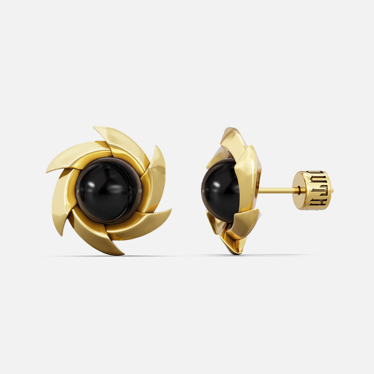 Gold-tone pinwheel stud earrings with a round black stone, front and side view