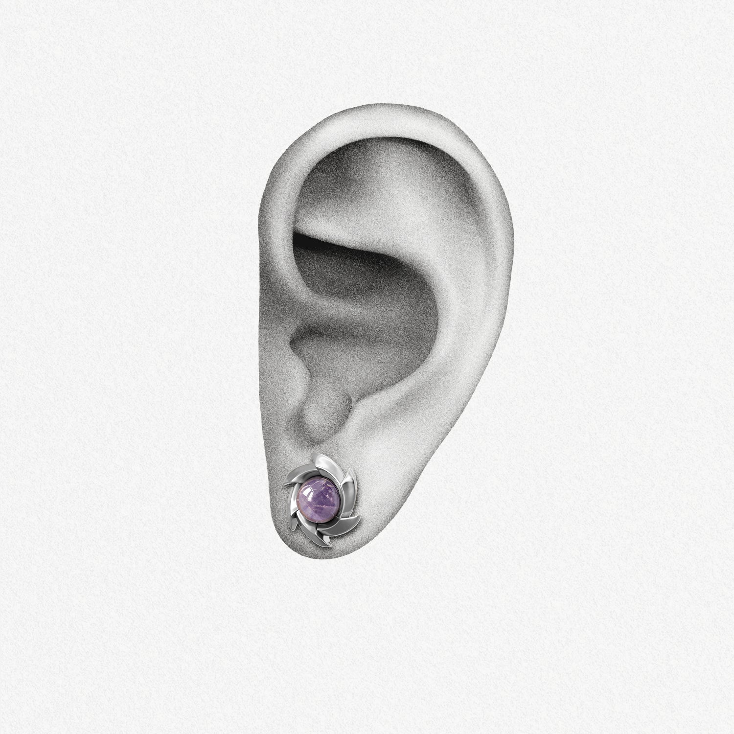 Silver Stellar Nova ear stud with purple center shown on an ear illustration