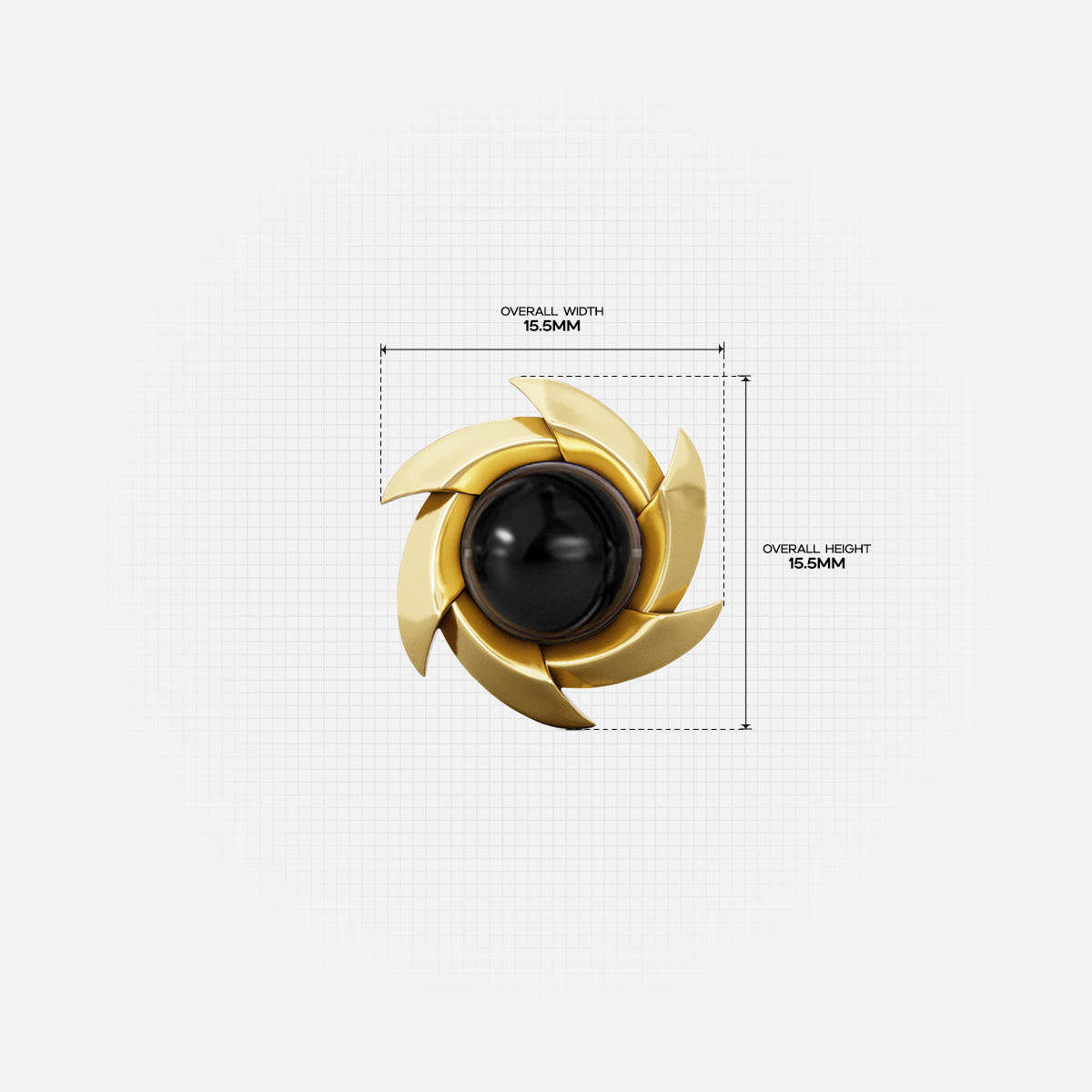 Gold Stellar Nova ear stud with black center and measurement details