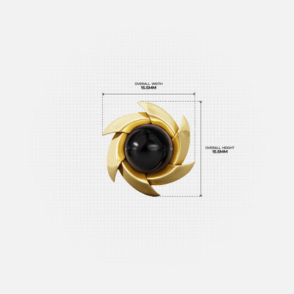 Gold Stellar Nova ear stud with black center and measurement details