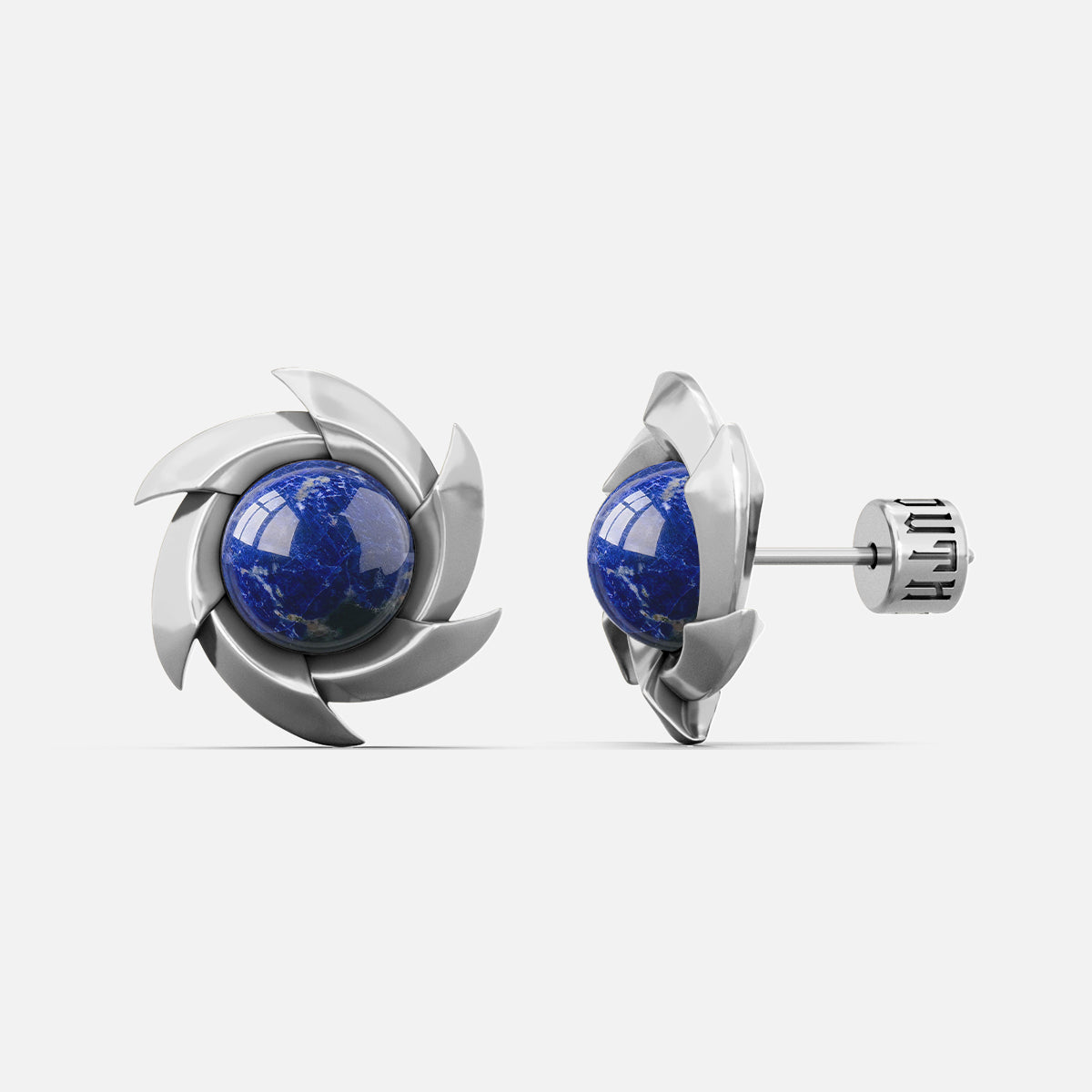 Silver-tone pinwheel stud earrings with a round blue stone, front and side view