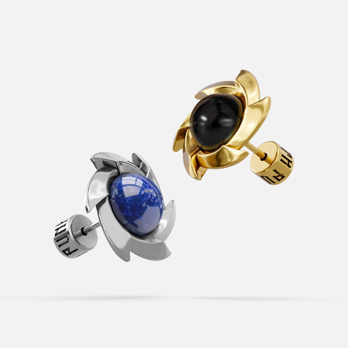 Pinwheel stud earrings shown separately, one silver-tone with a blue stone and one gold-tone with a black stone