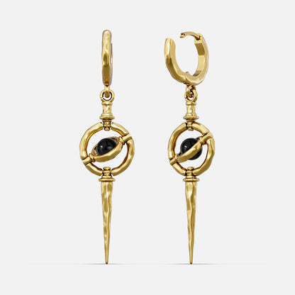 Gold-tone Stellar Orbit earrings with huggie hoops, orbit ring, dark stone center, and hammered spike drop