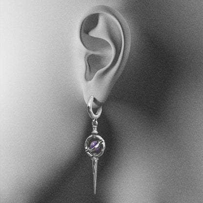 Silver Stellar Orbit earring with purple center shown on an ear illustration