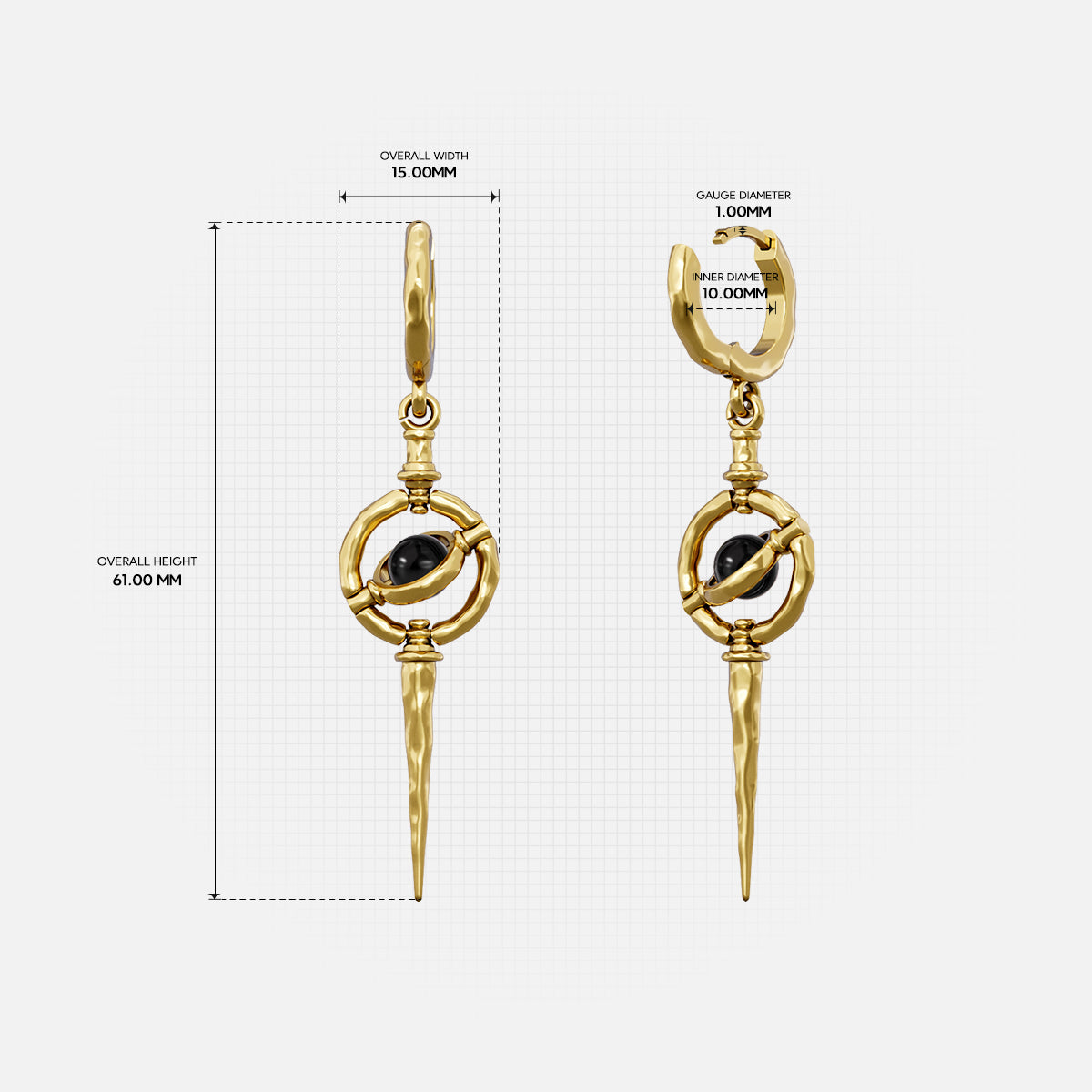 Gold Stellar Orbit hoop earring with circular pendant and measurement details
