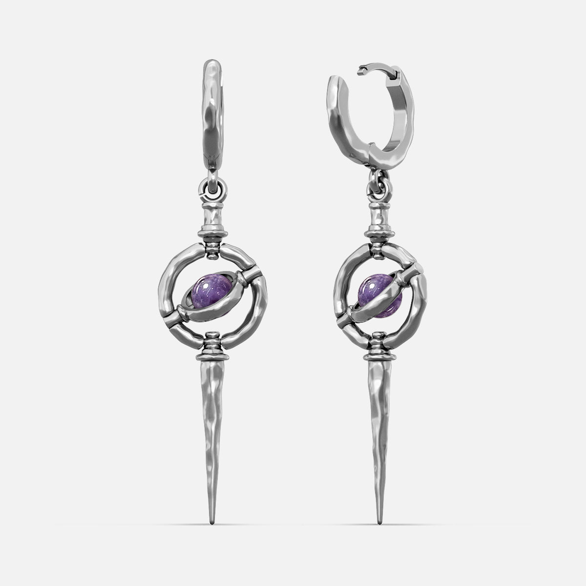 Silver-tone Stellar Orbit earrings with huggie hoops, orbit ring, purple stone center, and hammered spike drop