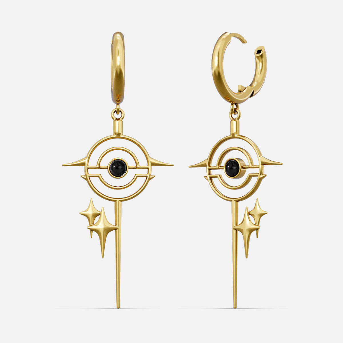 Gold-tone drop earrings with a star burst circle design and black stone center, front view pair