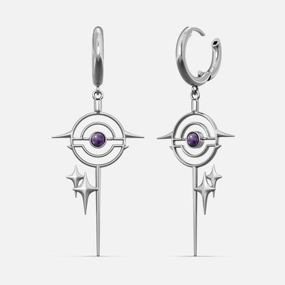 Pair of silver Stellar Path hoop earrings with orbit and starburst pendants