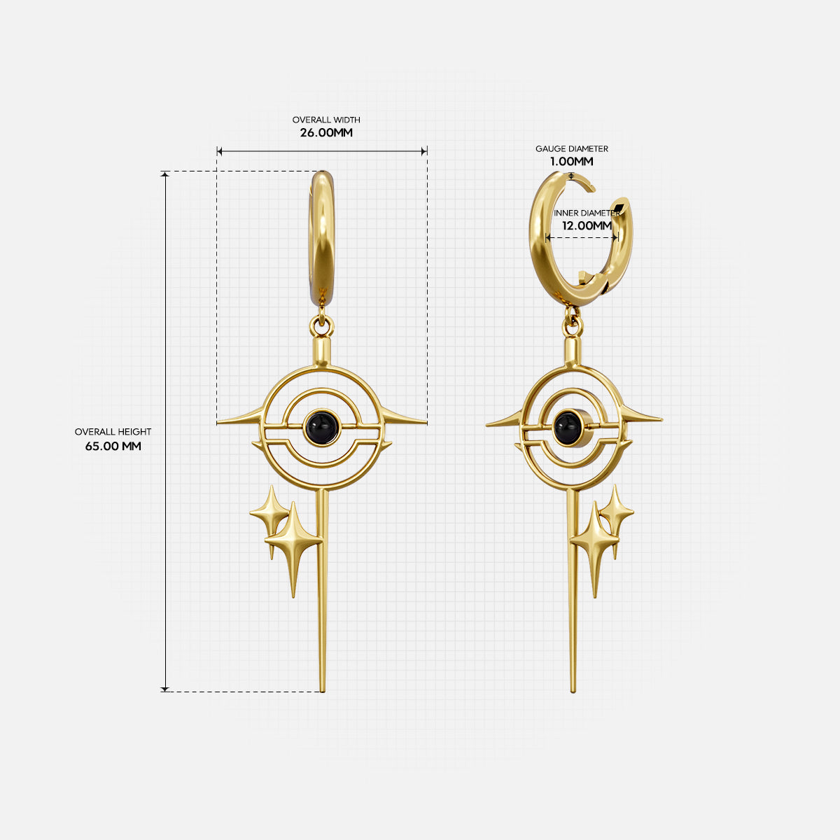 Gold Stellar Path hoop earring with orbit pendant and measurement details
