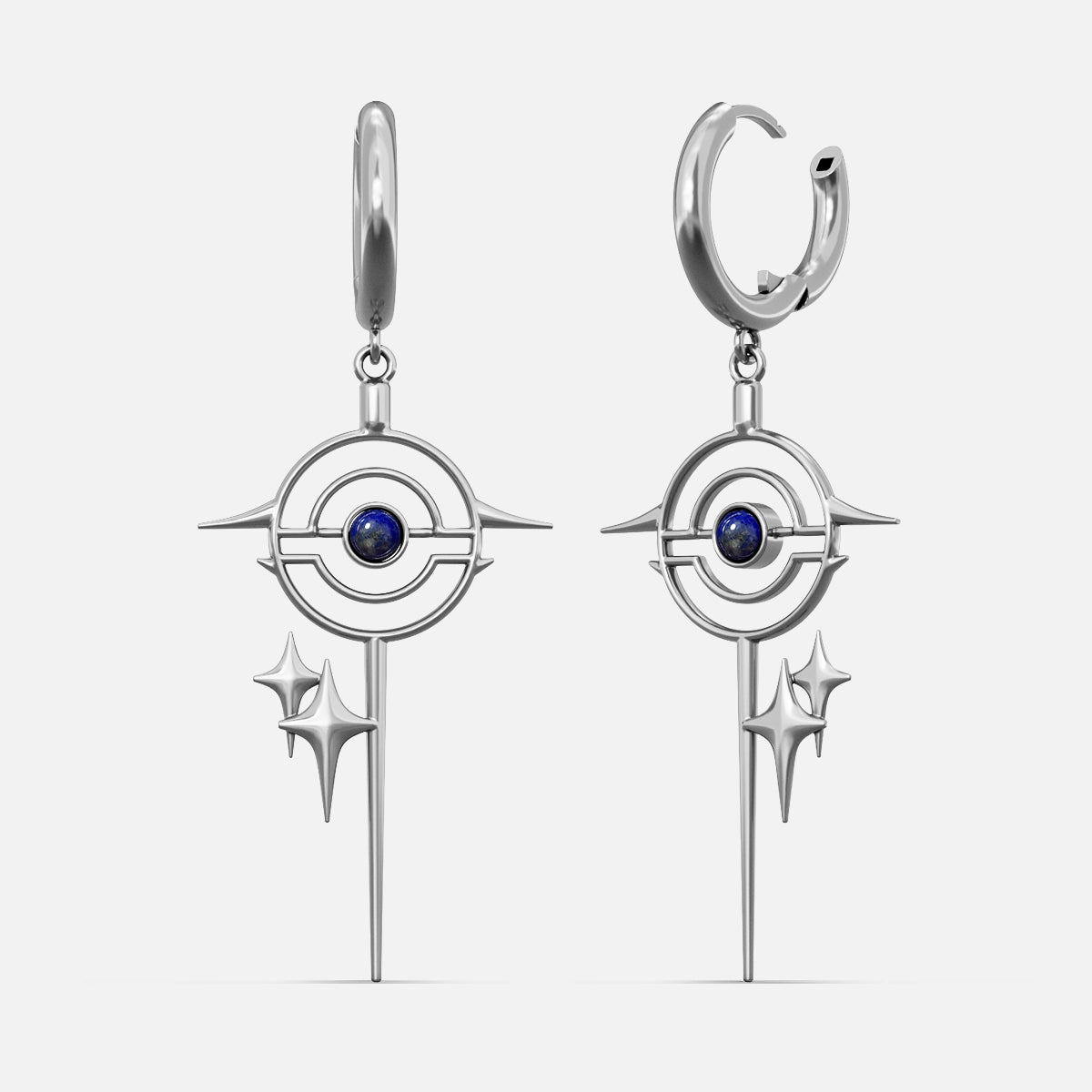 Silver-tone drop earrings with a star burst circle motif and blue stone center, front view pair