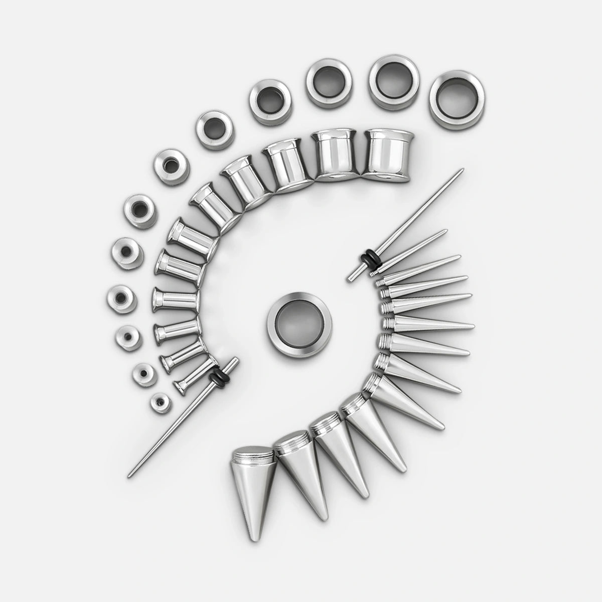 Stainless steel ear stretching kit with tapers, plugs, tunnels, and pointed expanders