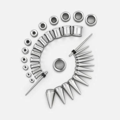 Stainless steel ear stretching kit with tapers, plugs, tunnels, and pointed expanders