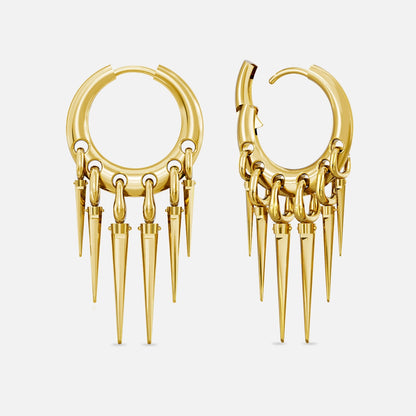 Pair of gold-tone Tapered Chic hoop earrings shown from front and side with five graduated spike drops