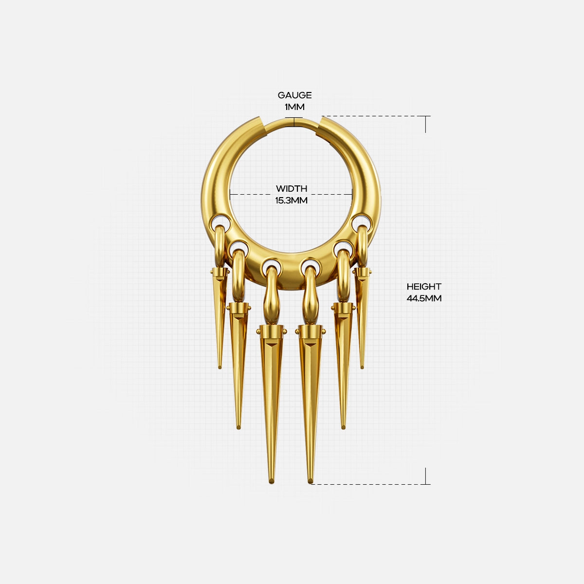 Gold-tone Tapered Chic hoop earring dimension guide showing hoop width, gauge, and full drop height