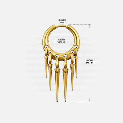 Gold-tone Tapered Chic hoop earring dimension guide showing hoop width, gauge, and full drop height