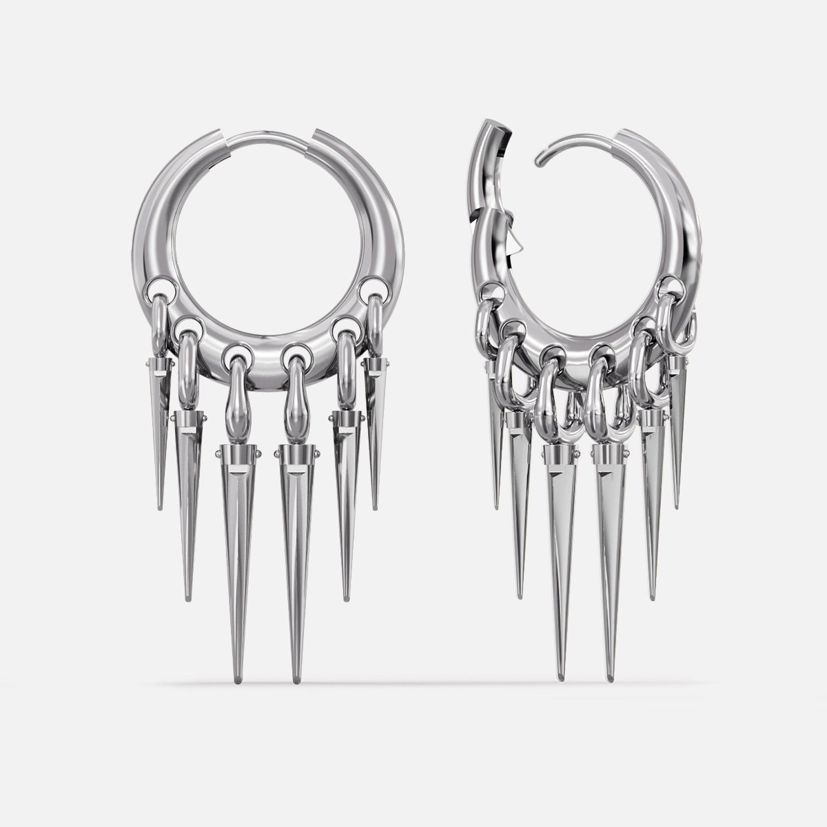 Pair of silver-tone Tapered Chic hoop earrings shown from front and side with graduated pointed drops