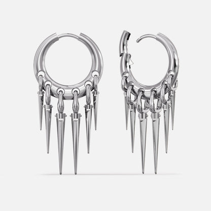 Pair of silver-tone Tapered Chic hoop earrings shown from front and side with graduated pointed drops
