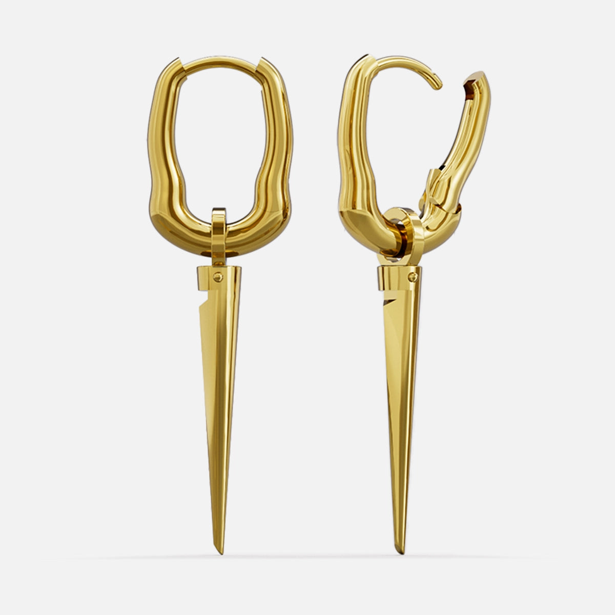 Pair of gold Tapered Edge hoop earrings with long narrow spike pendants