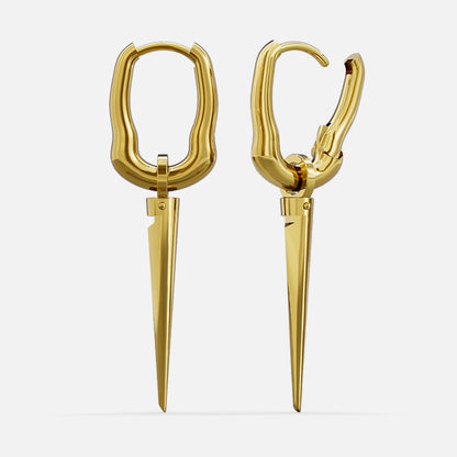 Pair of gold Tapered Edge hoop earrings with long narrow spike pendants