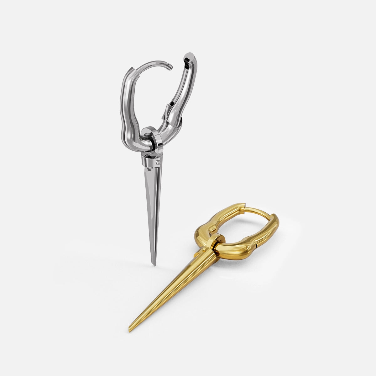 Silver and gold Tapered Edge hoop earrings shown open and lying flat