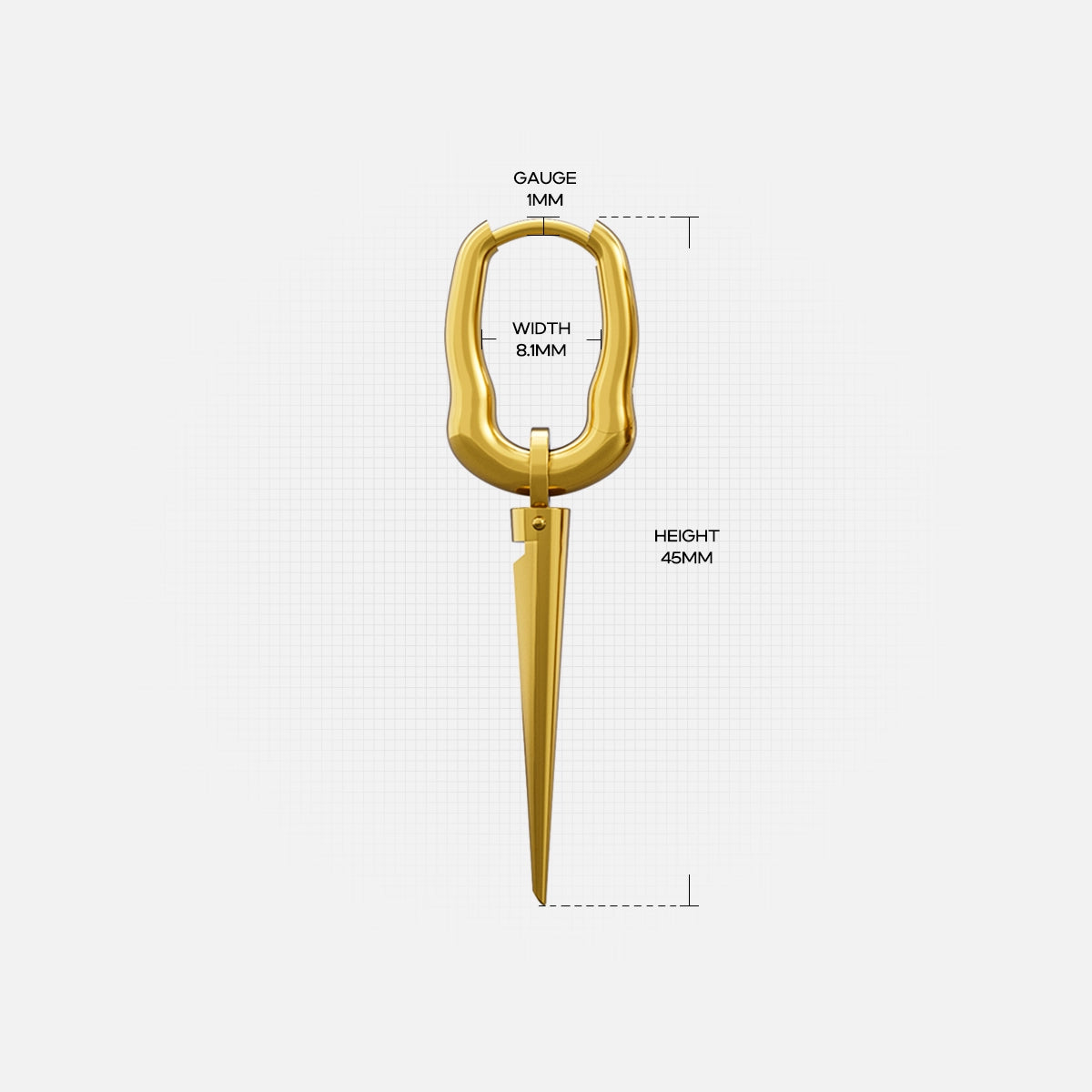 Gold Tapered Edge hoop earring with long spike pendant and measurement details