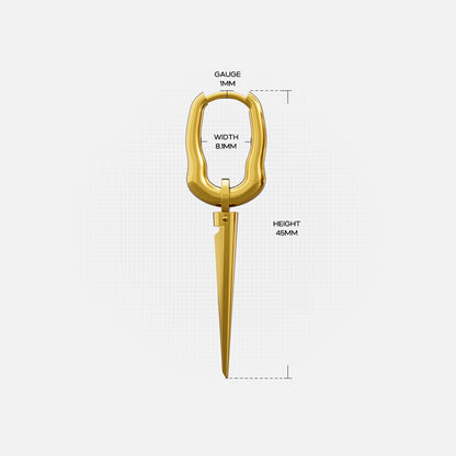 Gold Tapered Edge hoop earring with long spike pendant and measurement details
