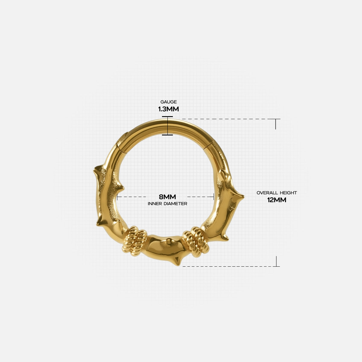 Thorn Bramble Clicker size guide showing hoop diameter and thorn detail proportions