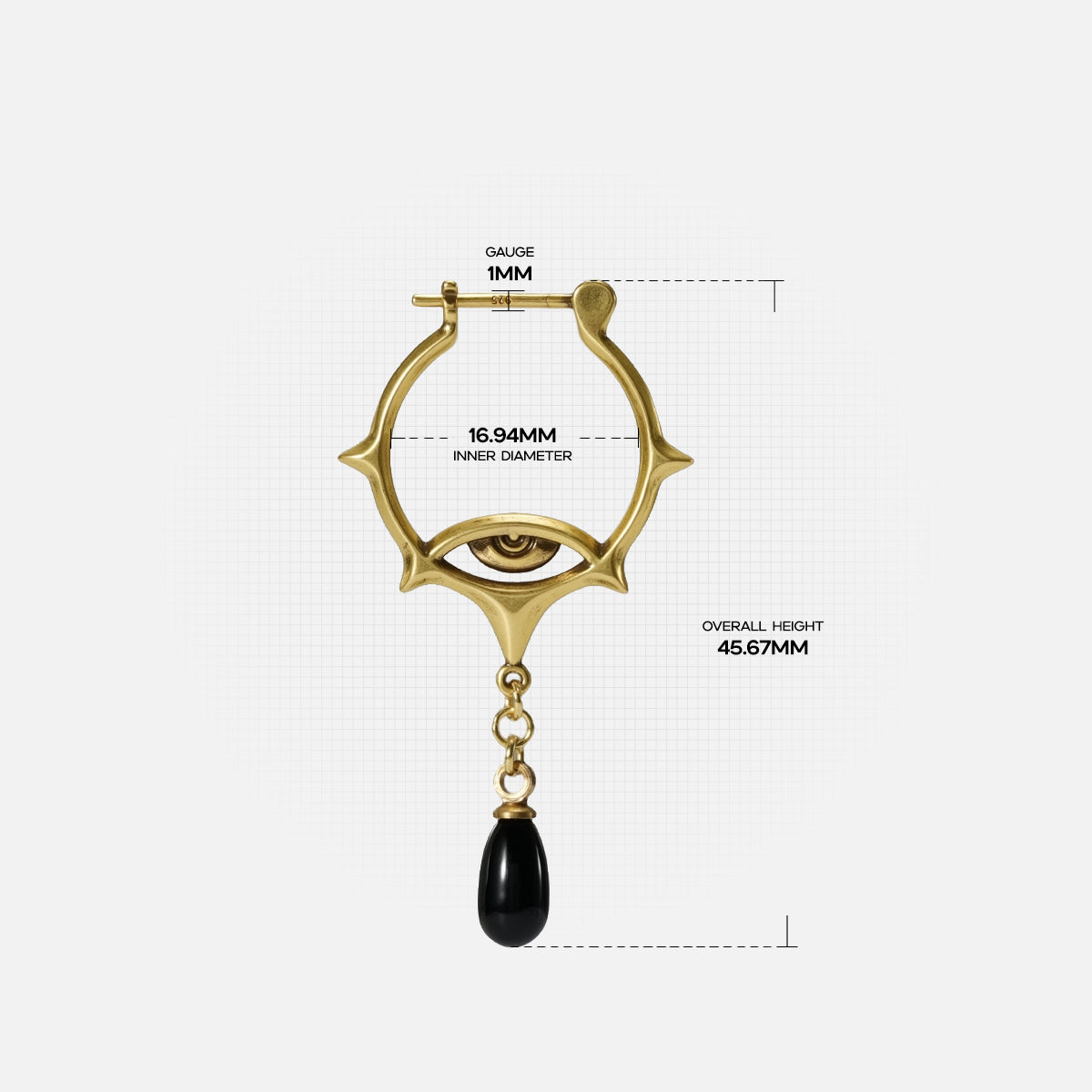 Size guide for the gold-tone Thorned Gaze Hoop Earrings showing the hoop, teardrop accent, and overall dimensions.