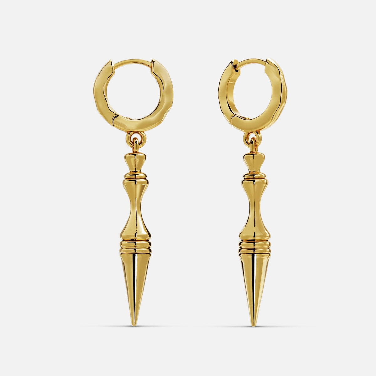 Pair of gold Timeless Spear hoop earrings with tapered pointed pendants