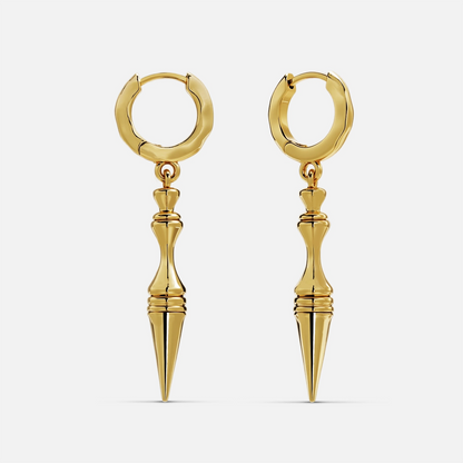 Pair of gold Timeless Spear hoop earrings with tapered pointed pendants