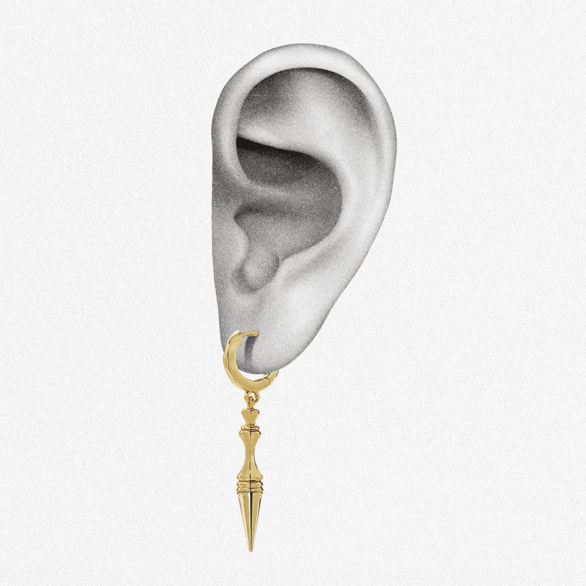 Gold Timeless Spear drop earring shown on an ear illustration