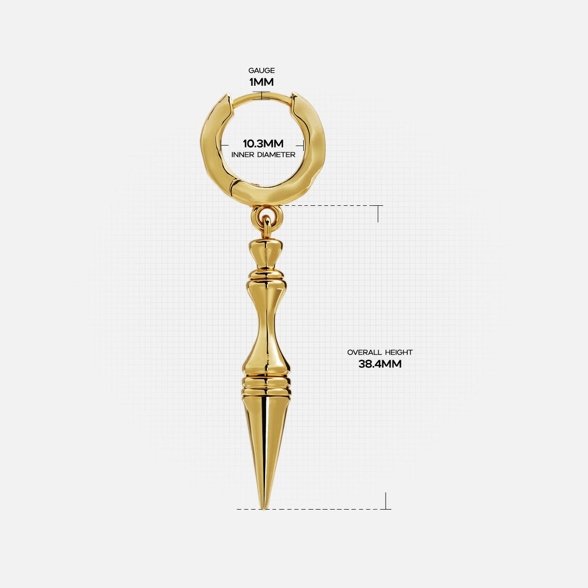 Gold Timeless Spear hoop earring with pointed pendant and measurement details