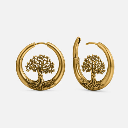 Gold-tone hoop earrings featuring tree of life design shown in front and side views