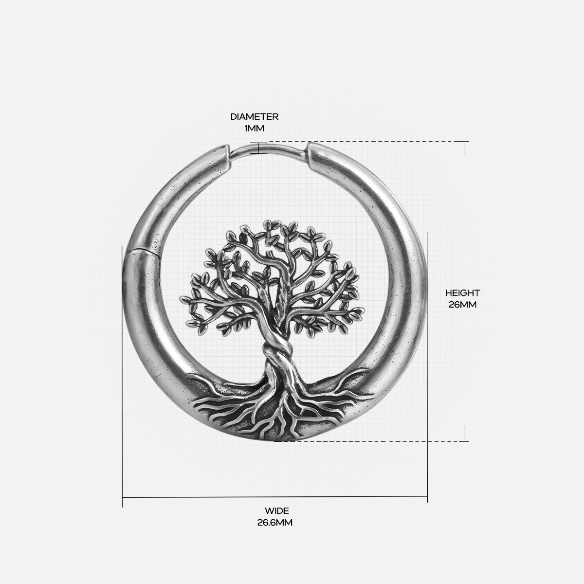 Silver Tree of Life hoop earring with circular tree motif and dimensions