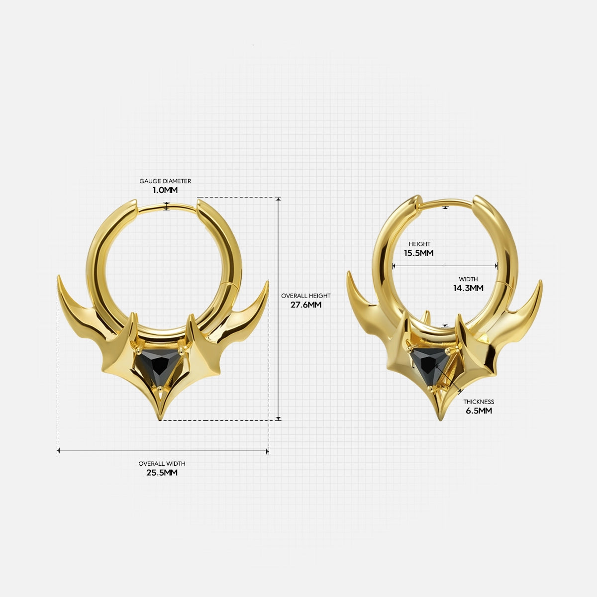 Gold Trident Crest stone hoop earrings shown in two sizes with measurements