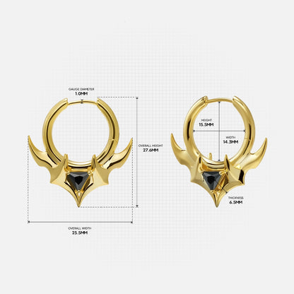 Gold Trident Crest stone hoop earrings shown in two sizes with measurements