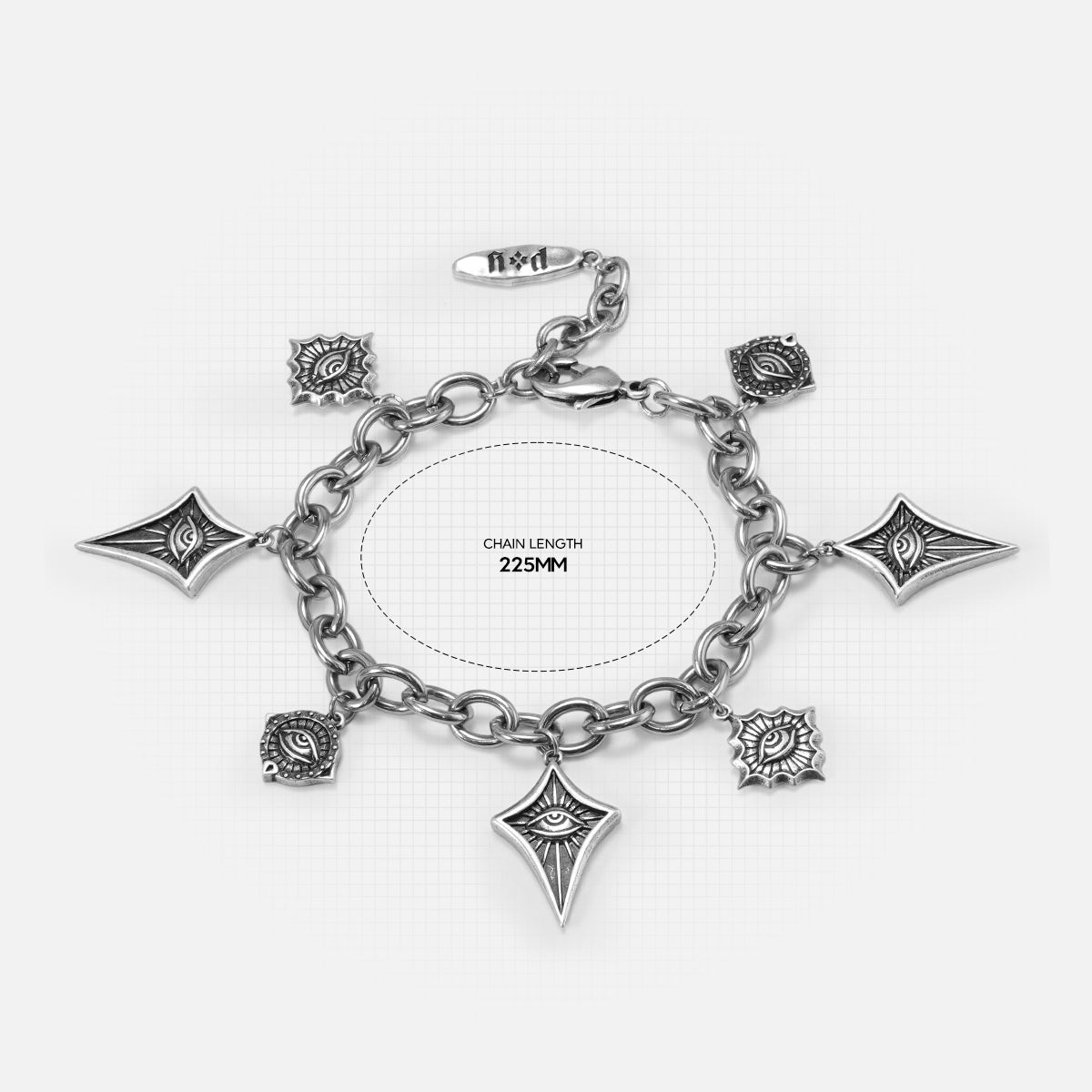 Size guide for the antiqued silver-tone Unblinking Procession Bracelet showing the bracelet length and decorative charm dimensions.