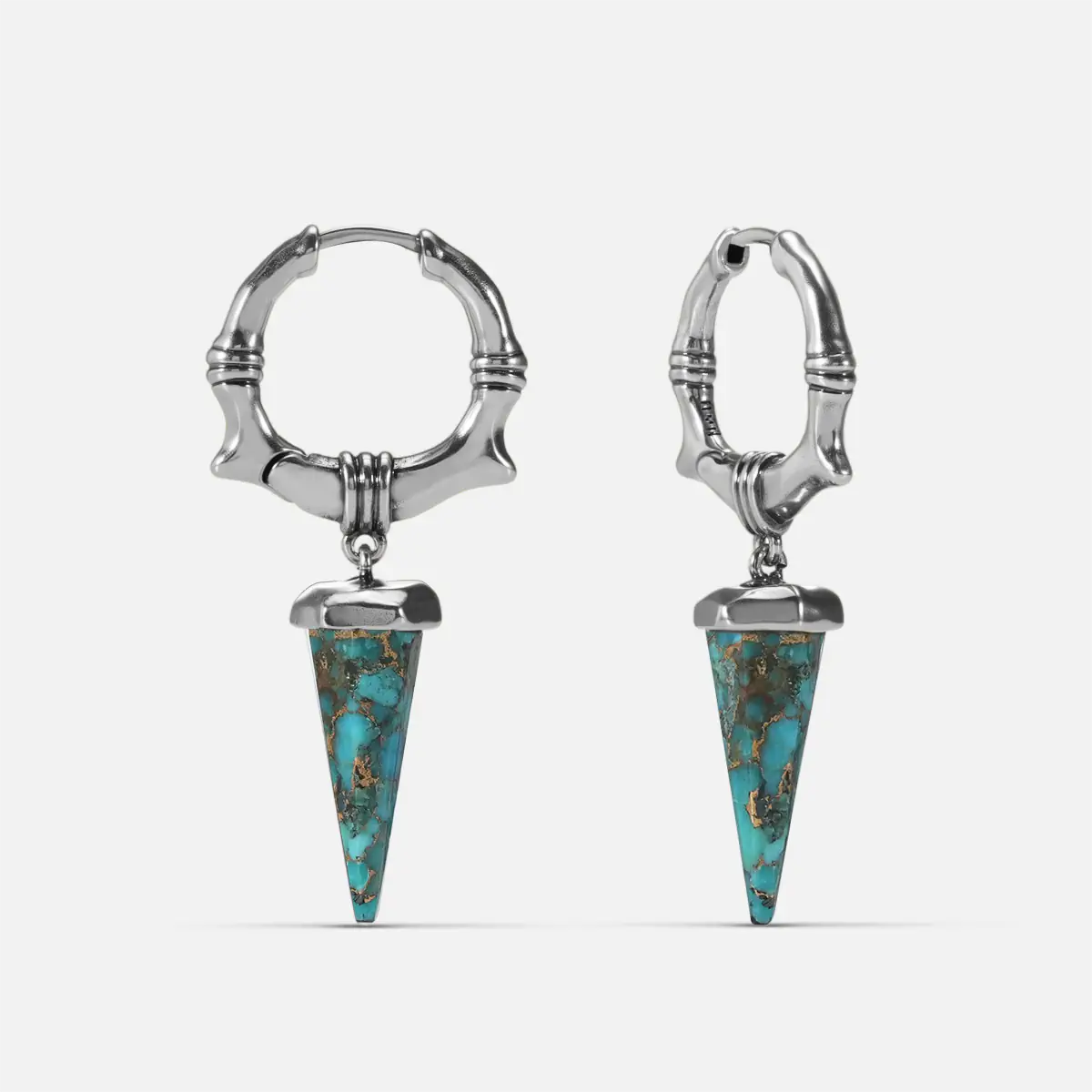 Unearthed Spike Earrings in 925 sterling silver, pair shown front and back on white, featuring turquoise triangular spike dro