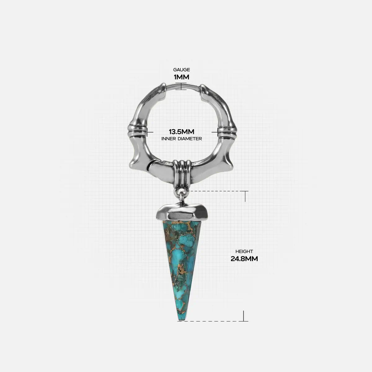 Dimension guide for the Unearthed Spike Earrings in 925 sterling silver, showing hoop diameter, gauge, and turquoise spike dr