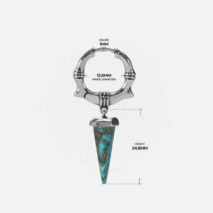 Dimension guide for the Unearthed Spike Earrings in 925 sterling silver, showing hoop diameter, gauge, and turquoise spike dr