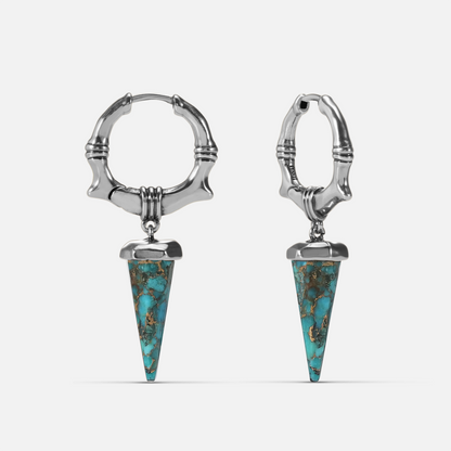 Unearthed Spike Earrings in silver-tone brass with turquoise spike drops and bone-textured hoops