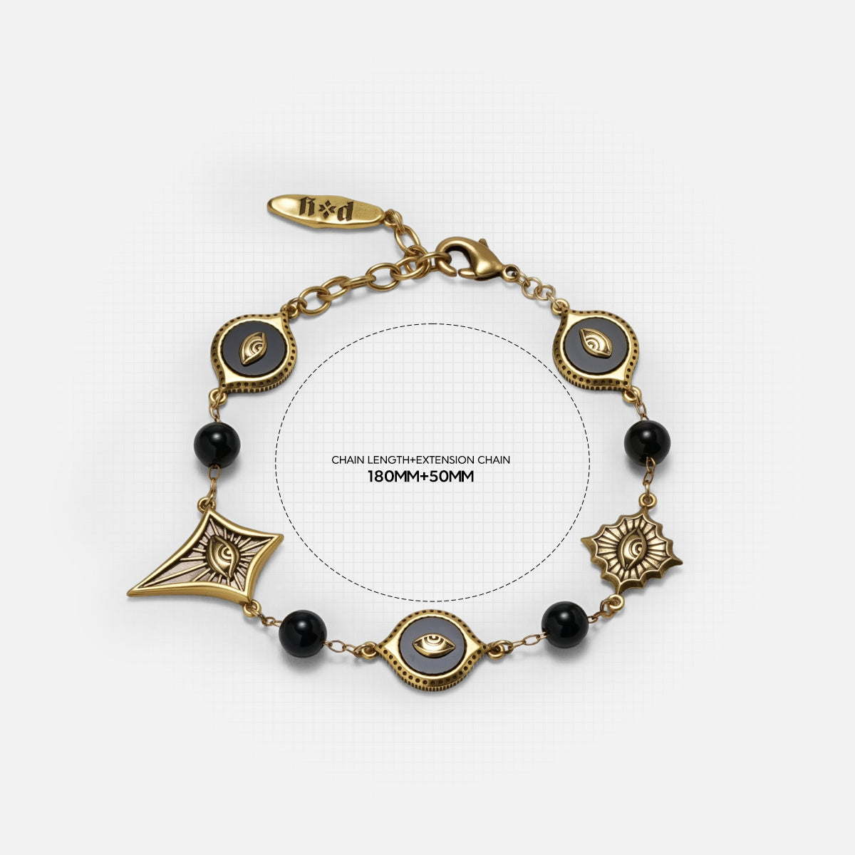 Size guide for the gold-tone Unseen Orbit Bracelet showing the bracelet length, black obsidian beads, and decorative link dimensions.